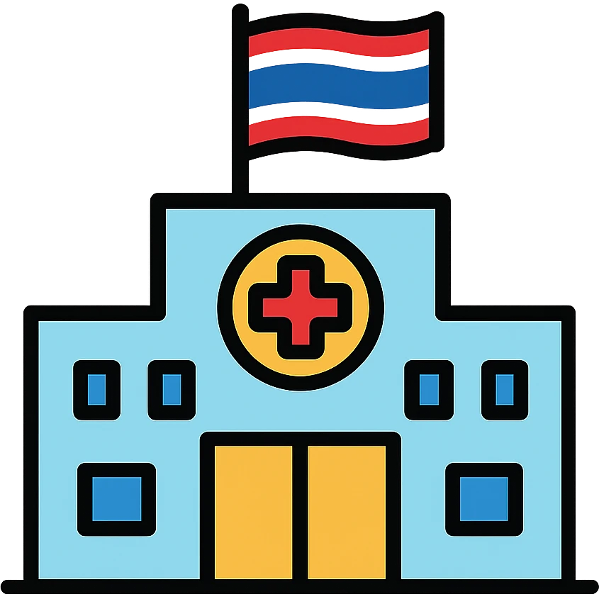 Hospital building with Thai flag prominently displayed, red cross medical symbol, colored outlines emoji