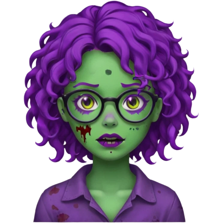Crie uma garota zumbi com cabelo cacheado roxo, óculos preto e sardas com a pele verde  emoji
