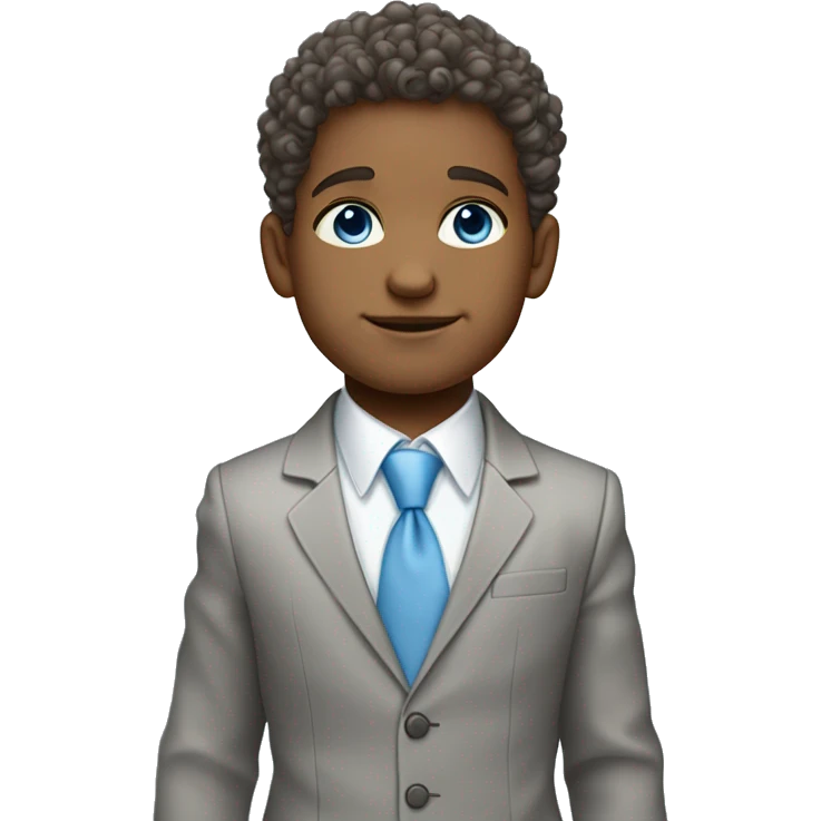 Little young  gentleman wearing a grey suit with light shirt and baby blue tie with blue eyes , white  skin and brown curly hair and full body . Wearing a watch  emoji