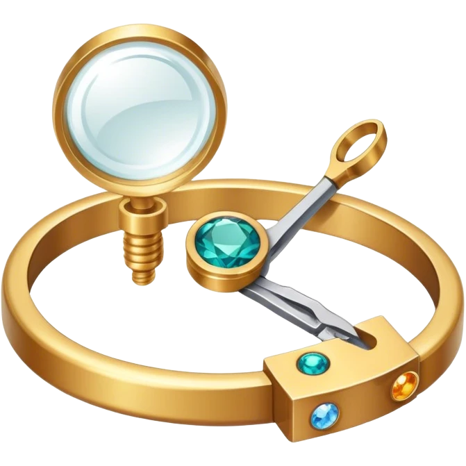 Jewelry art icon, detailed close-up of a ring or necklace being crafted, visible tools like pliers, magnifying glass, workbench with gemstones and wire, minimalistic style, clean lines, transparent background. emoji