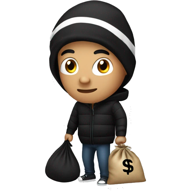 Thief with striped black shirt, money bag and black beanie emoji