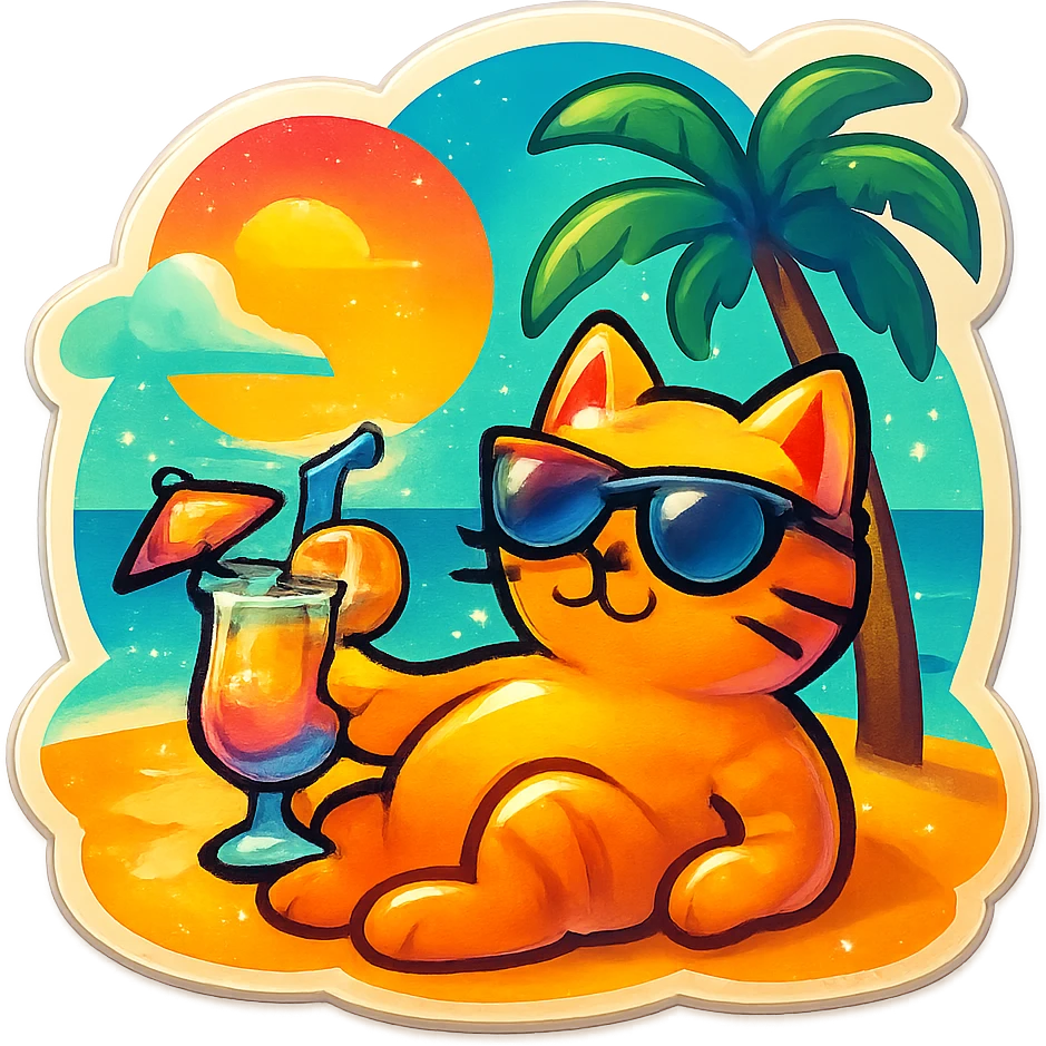 A cat with sunglasses lounging on a sunny beach, tropical vibes with a colorful drink. emoji