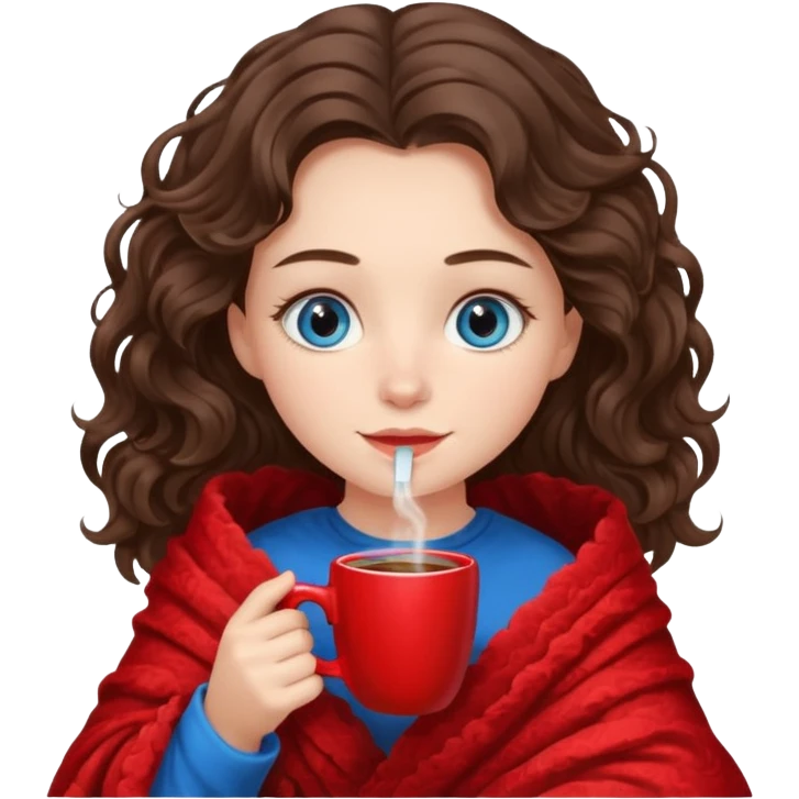 Девушка брюнетка с волнистыми волосами и голубыми глазами укутана в красный пушистый плед и пьет кофе emoji