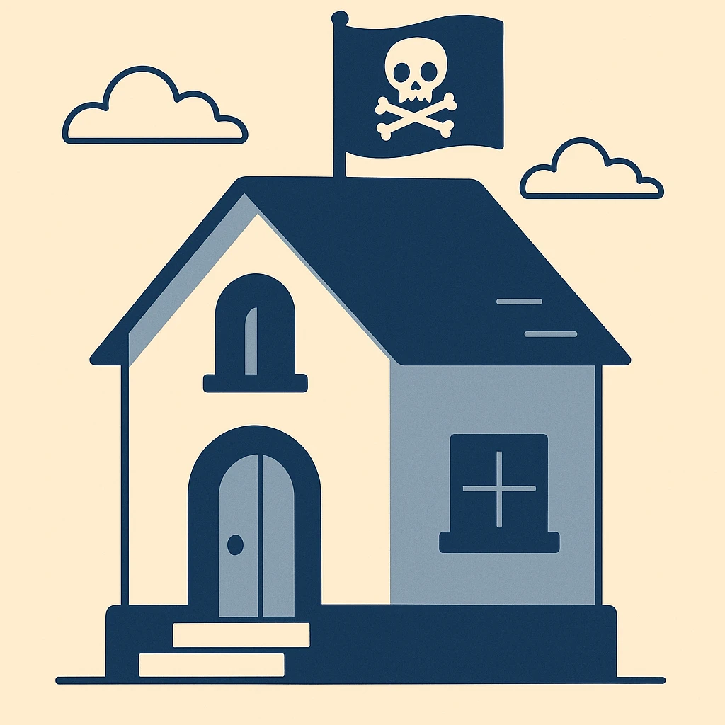 old pirate's house with skull flag emoji
