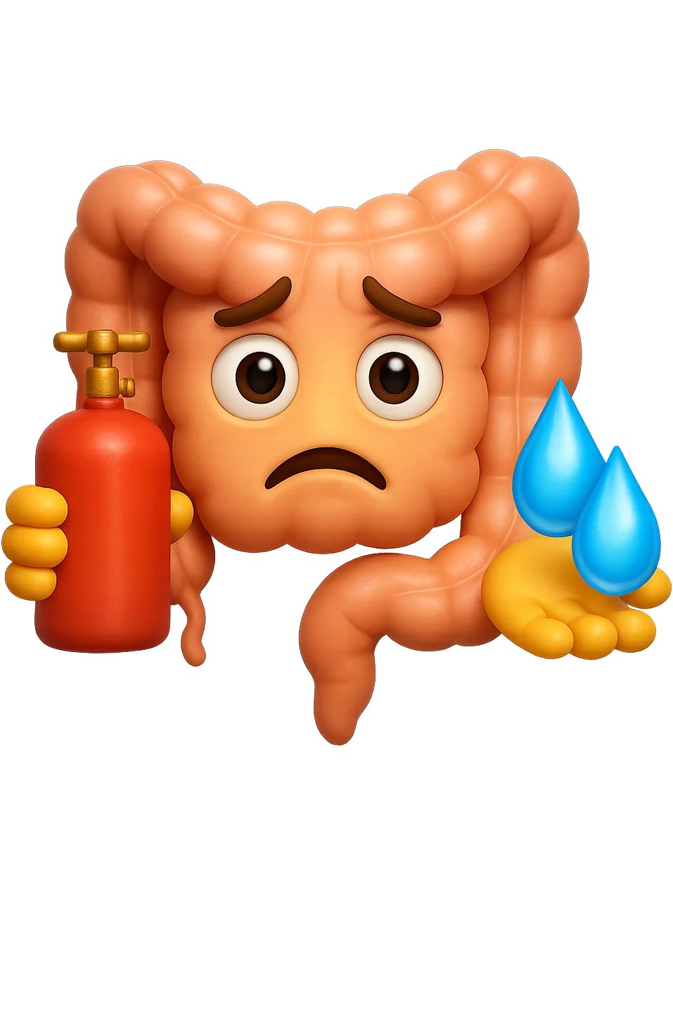 EMOJI STILE IPHONE DI un'intestino preoccupato che ha una bombola di gas in mano e due gocce di acqua in 3d nell'altra mano, IPERREALISTICO 4K emoji