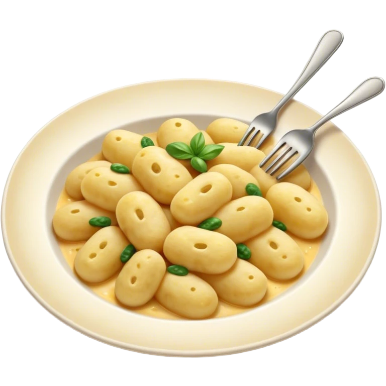 Gnocchi Cinematic Realistic Gnocchi Dish Emoji, depicted as tender oblong potato gnocchi garnished with iconic fork marks on top, rendered with soft textures and warm, inviting lighting. emoji