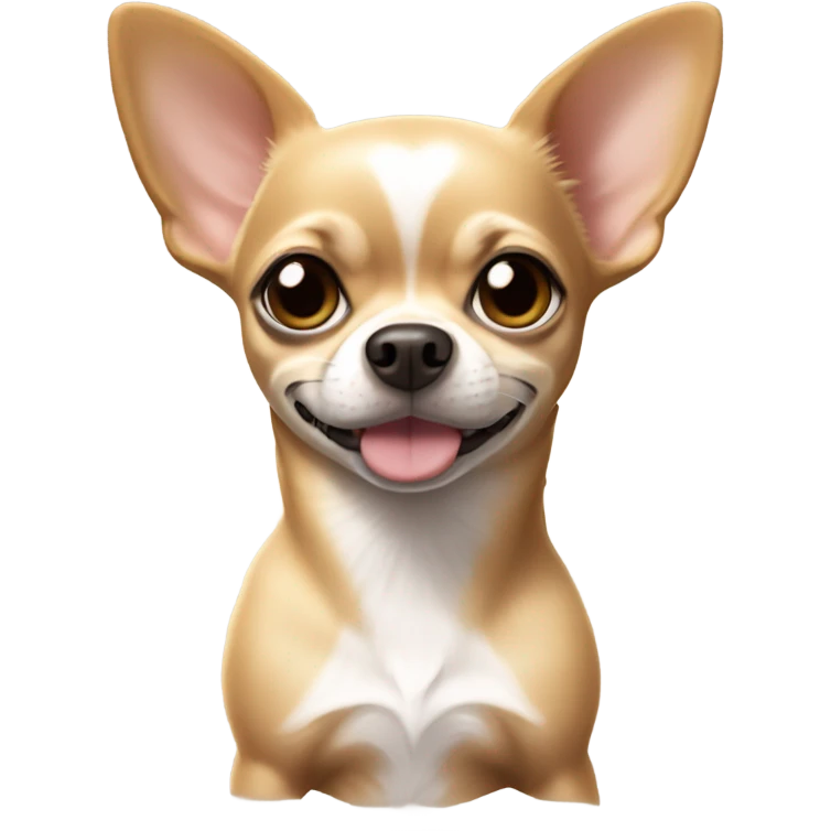 Chihuahua tan coat with white markings on its chest, muzzle, and paws, along with medium-sized floppy ears and a round face emoji