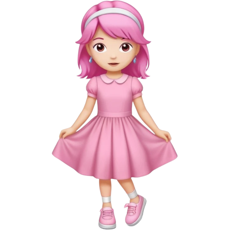 A girl wear a a pink pink dress and pink wacth and a pink hairband and a white shoes emoji