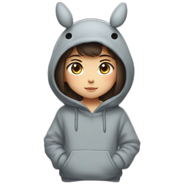 Fille Brune avec un sweat-capuche Totoro avec les couleurs de Totoro sur ventre  emoji