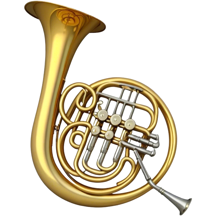 Create a refined and elegant emoji representing the Arnolds & Sons AHR-350 horn. The design should feature the instrument's beautifully coiled brass body with its distinct flared bell, showcasing the high-quality craftsmanship. Include delicate details like the tuning valves, finger buttons, and elegant brass finish. Add subtle musical notes around the horn to symbolize its melodic sound. Use warm golden and brass tones to convey the luxury and professional quality of the instrument. The background should be transparent emoji