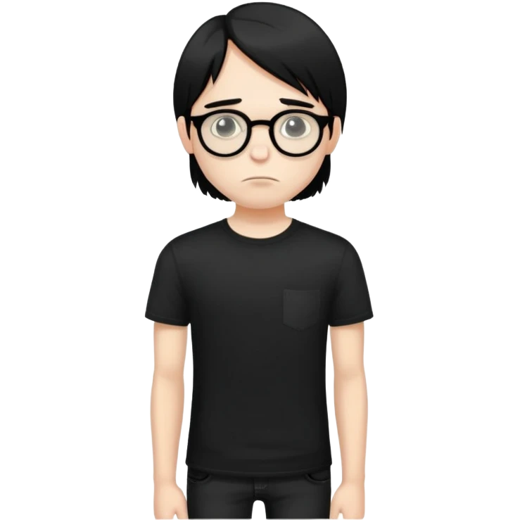 young depressed russian man, thin, in black t-shirt and black jeans, black long bob haircut, round glasses with black frame. emoji