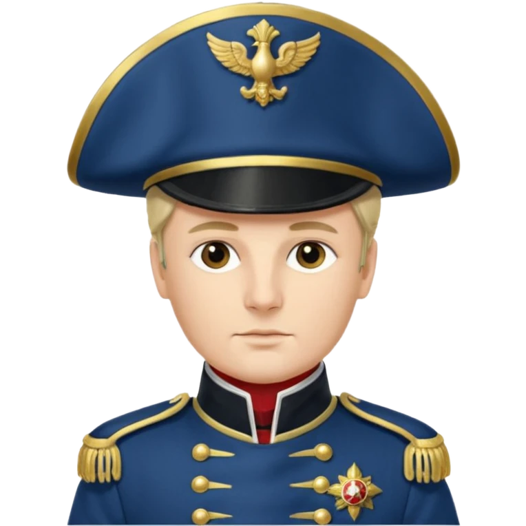 Napoleonic French officer, classic French military uniform, bicorne hat, blue coat with gold trim, epaulettes, confident pose, detailed, suitable for icon or emoji emoji