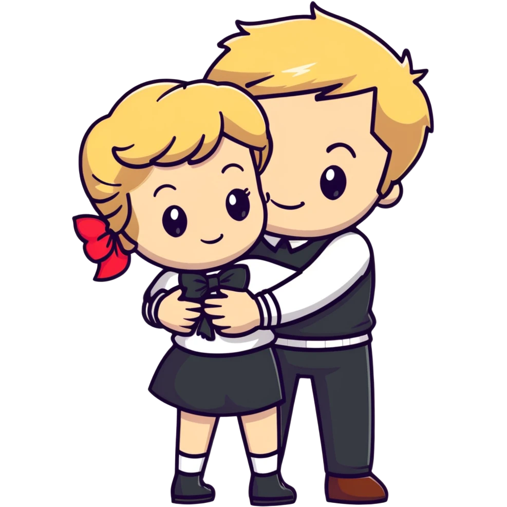 Brown hair white girl hugging blonde man with bows emoji