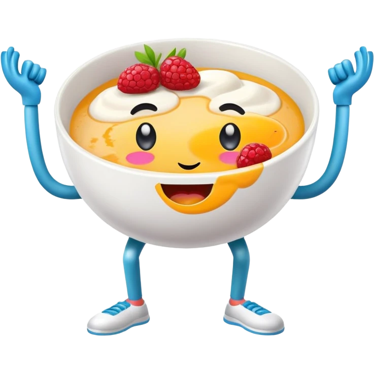 Breakfast bowl with a face on it and arms and legs ready for gym emoji