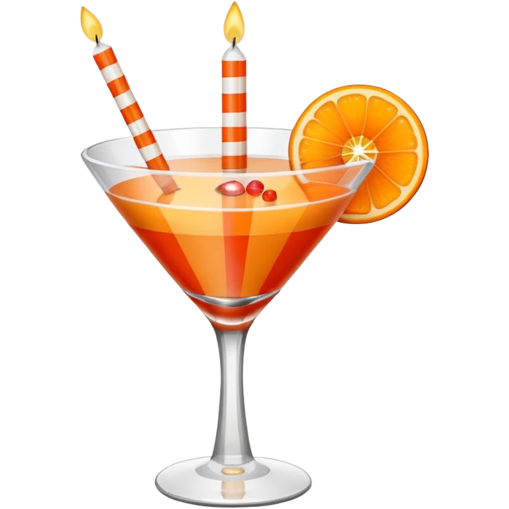 An orange fruit, not a drink, with a horizontal red stripe around the middle. 4 vertical cocktail sticks in the orange with small pieces of candy on the sticks. On top of the orange a small white lit candle. emoji
