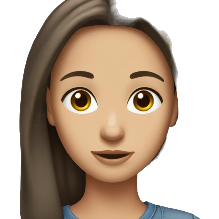 A girl with fair skin, long dark brown hair, hazel eyes, wearing t shirt and blue jeans  emoji