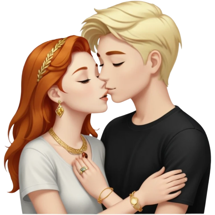 young 20 year old redhead girl with dark blonde eyebrows wearing gold jewelry and light clothes kissing a young 20 year old white-haired boy wearing dark t-shirt emoji