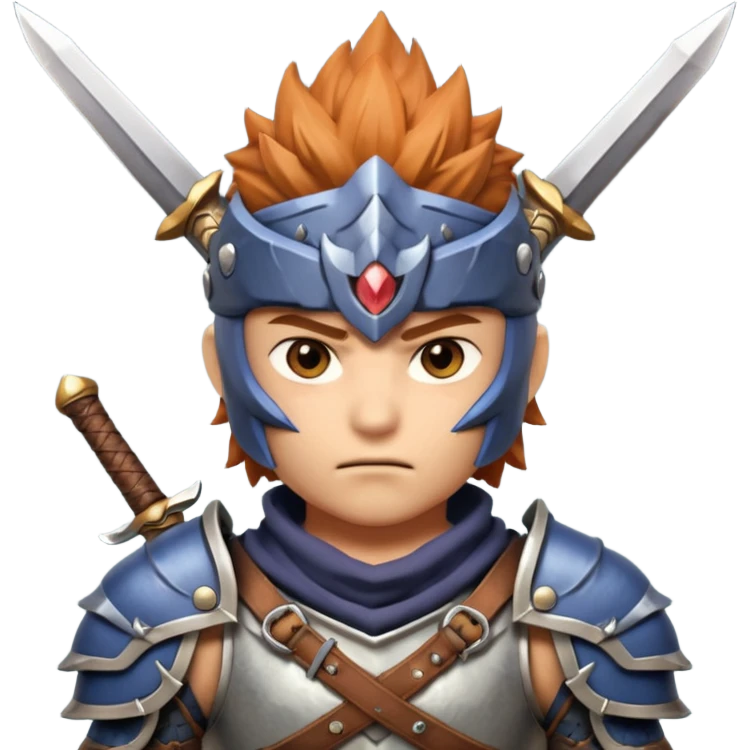 fantastic monster hunter warrior portrait, head and shoulders only, metal shoulder armor, sword strap visible, battle-worn look, intense expression, 3D cartoon, mobile game icon style, clean background, no text, no watermark
 emoji