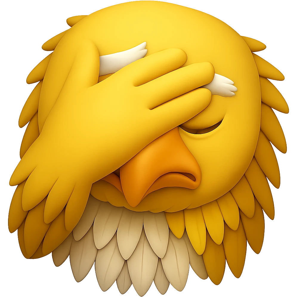 Make the yellow eagle facing forward do a facepalm gesture in the style of emoji. Remove the background. emoji