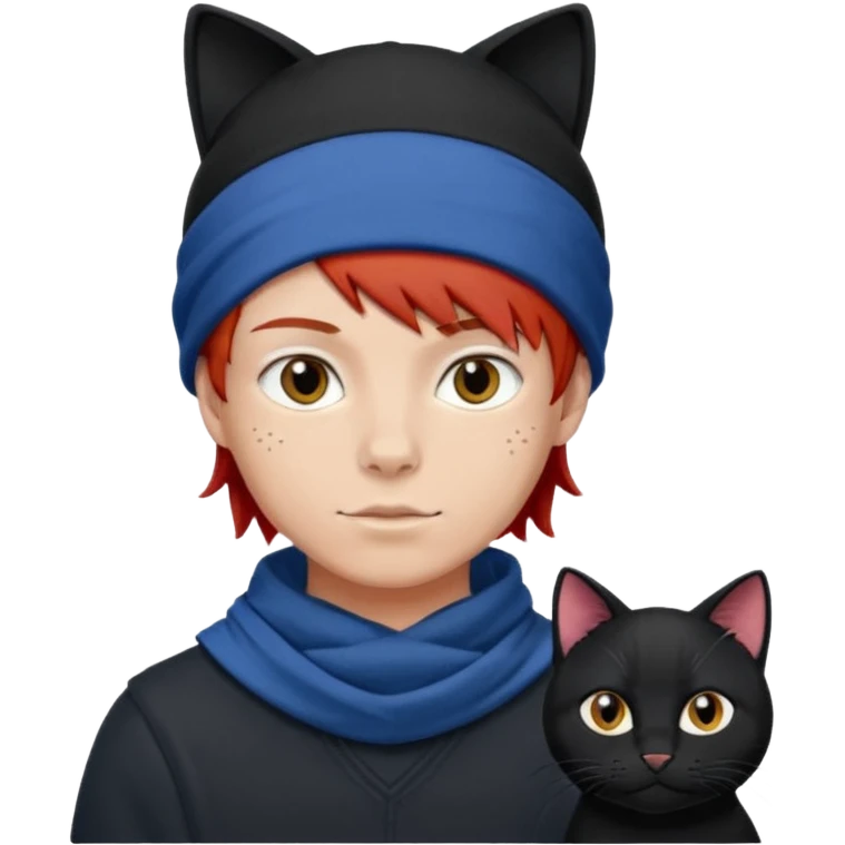 Boy with red hair and black cat beanie and blue headscarf  emoji