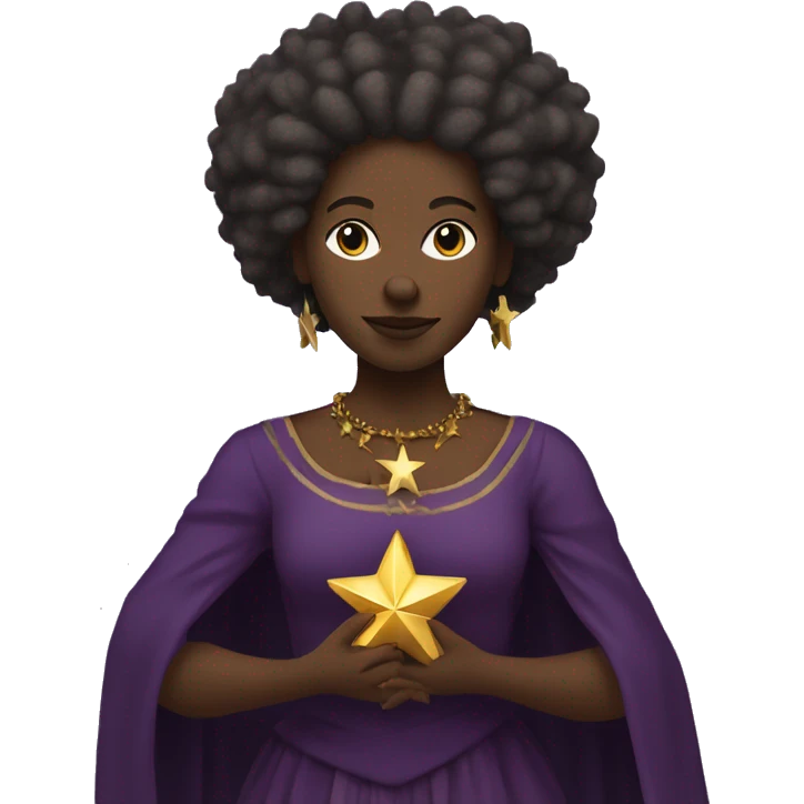 Afro indigenous woman with dread locks and dark skin, purple medieval dress holding a golden star. emoji