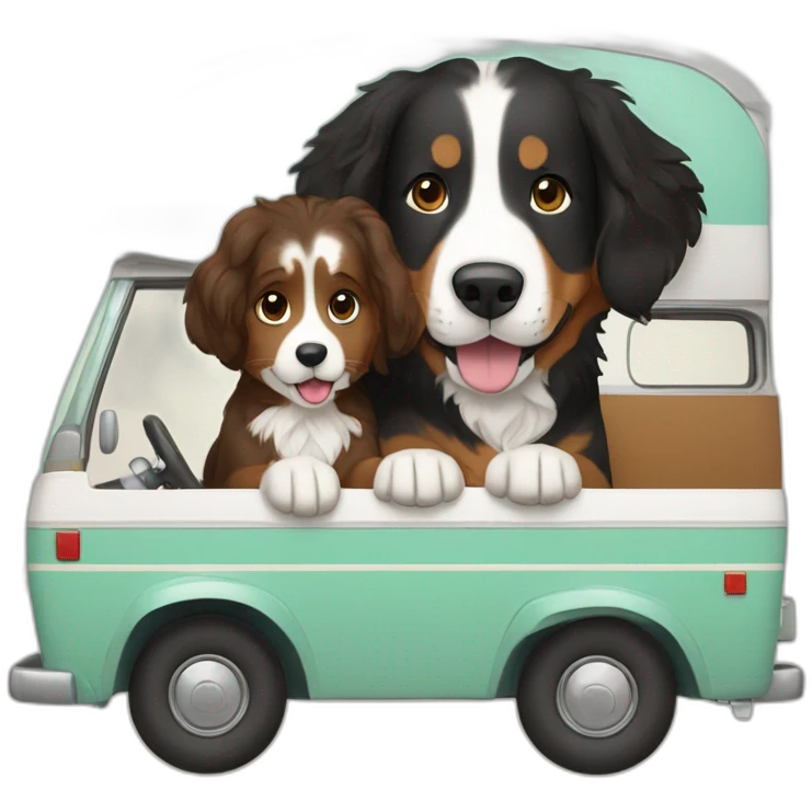 bernese mountain dog driving a camper with a brown hair girl emoji