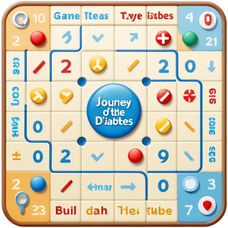 Design Game Board called Journey of Type 1 diabetes and Aging.  Subtext: Aging with Type 1 Diabetes, large enough to read for seniors, 6 landing spots (hospital, home, assisted living, health issues, coping, stories) emoji
