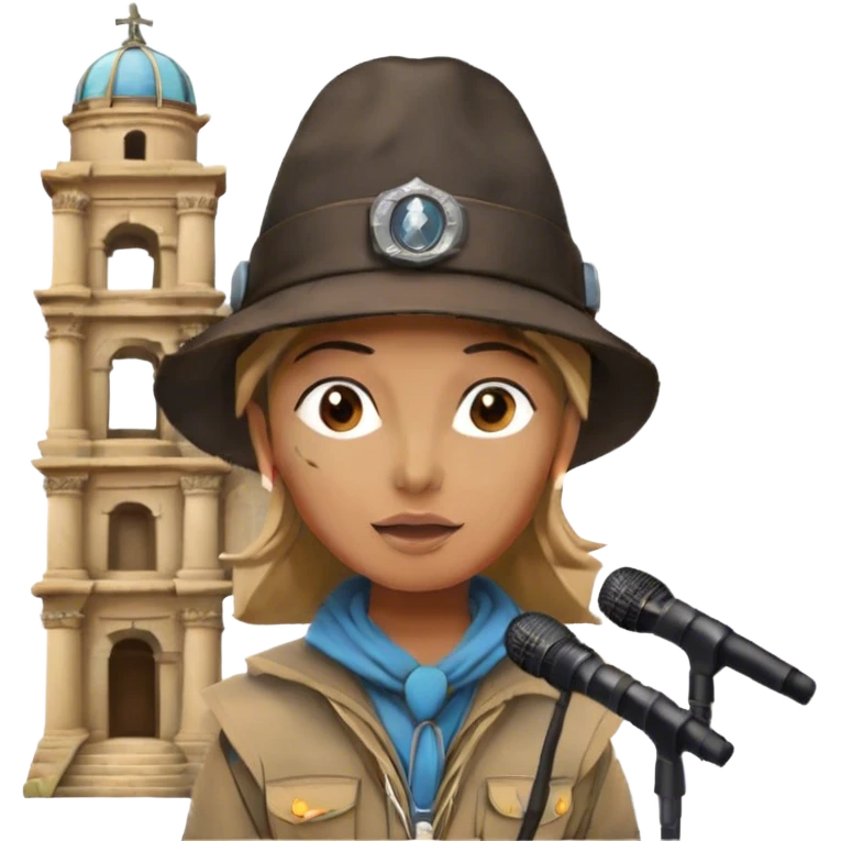 Icon for Documentary Film: A TV-style design with a traveler speaking in front of ancient ruins. Include details like a microphone, the traveler in casual explorer attire, and the ruins in the background. Capture the atmosphere of an informative journey through history. Transparent background. emoji