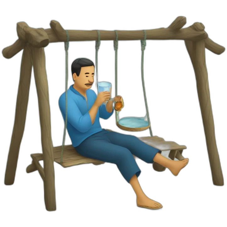An Uzbek man sitting on a doppi, a traditional Uzbek swing, drinking water from a piyola. emoji