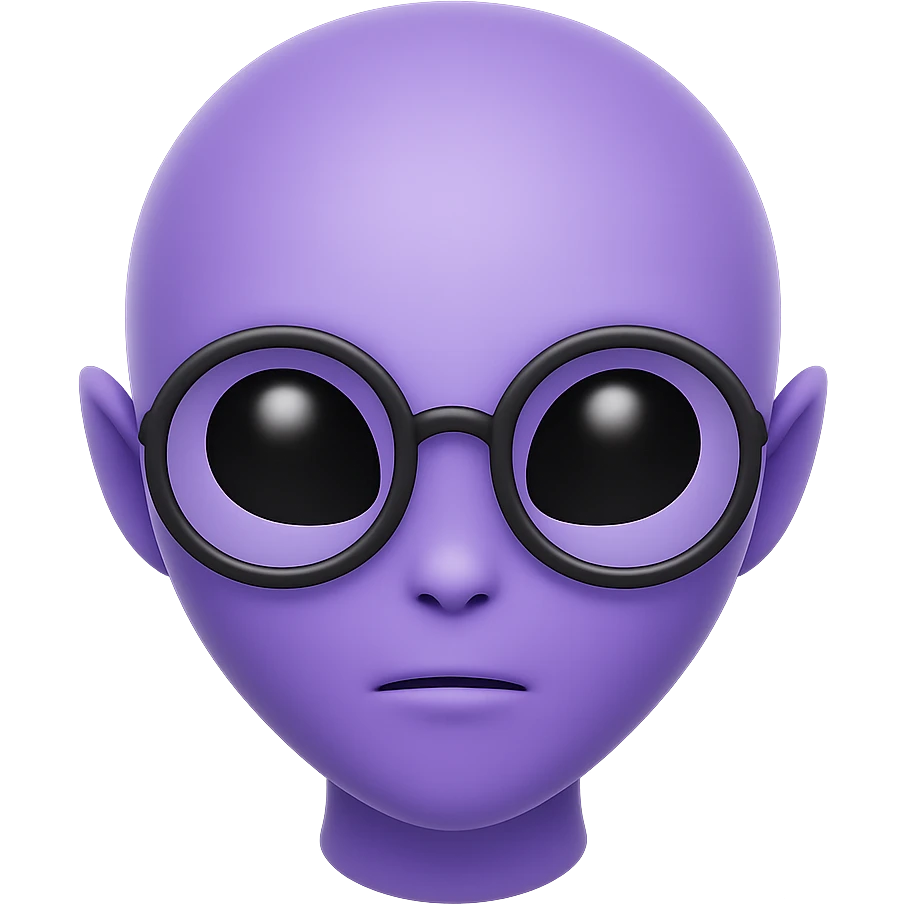 Create an alien with glasses in Apple emoji style with purple skin and no background. The style should mimic Apple emojis. emoji