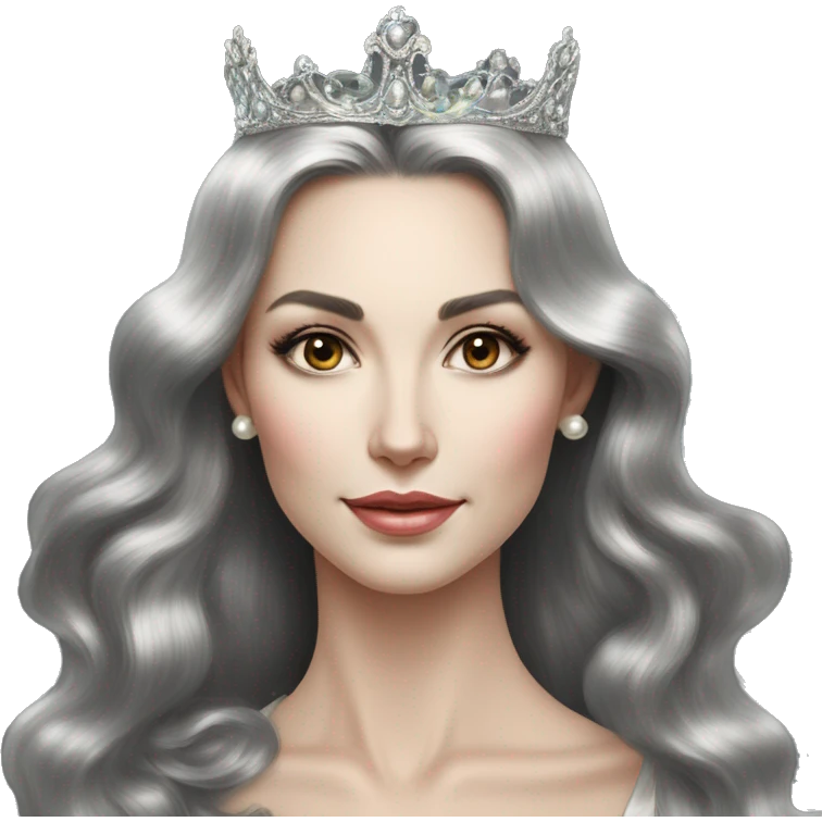 Regal pretty slender middle age woman photograph defined cheekbones high cheekbones crown vintage with very long iridescent black and silver hair wavy long hair pearl crown iridescent emoji
