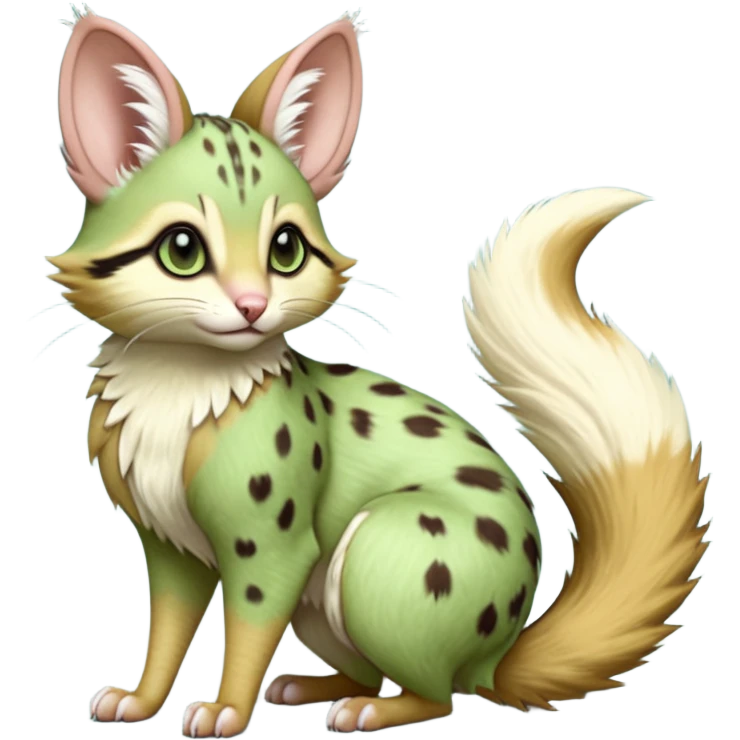Light-green, soft realistic romantic vintage antique divine beautiful elegant pretty precious cute young youthful  Fakémon-Pokémon-opossum-feline-mouse-serval-caracal-chinchilla-Minccino-Cinccino-Meowstic-rodent-hybrid-creature with a big fluffy bushy tail (full body) emoji