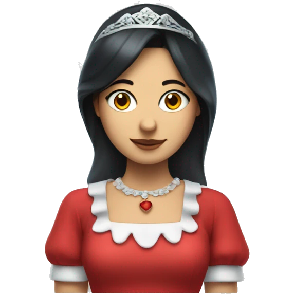 Lady with dark hair, blue maid veil, red dress, halo and money with wings underneath her chest emoji