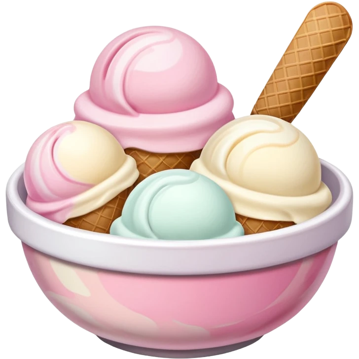 White, brown, and pink ice cream scoops in a bowl emoji