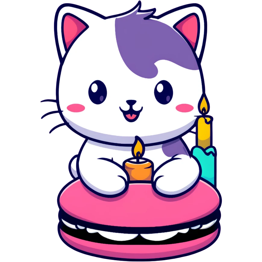 kitten riding giant macaron with candles emoji