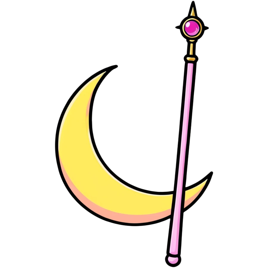 Sailor Moon's Moon Stick magical wand with a golden crescent moon and pink gem, magical anime style emoji