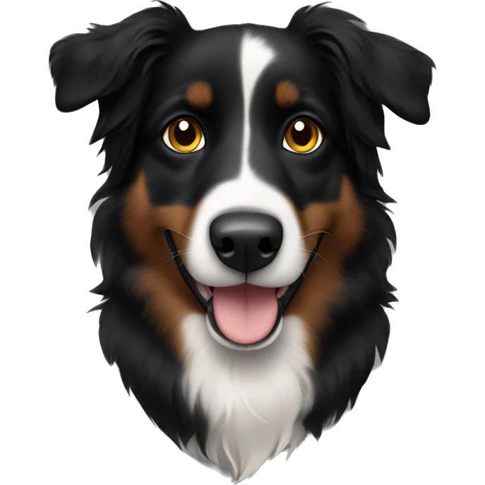 Small black australian shepherd dog with dark brown eyes and black face emoji