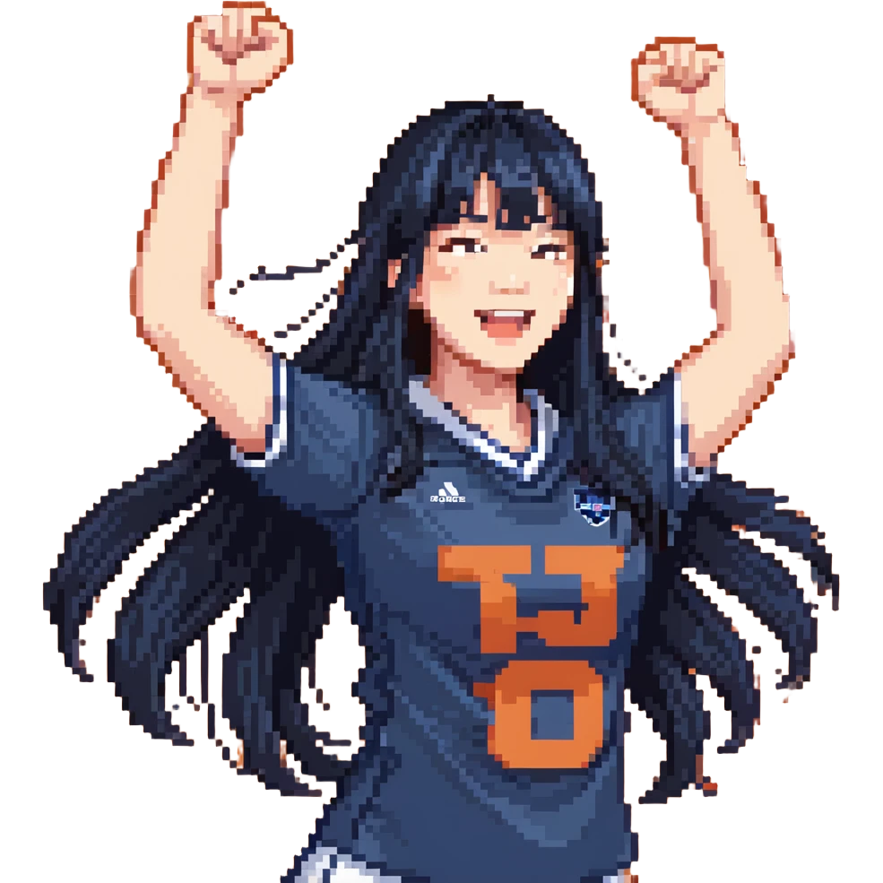 East Asian woman with long black straight hair and bangs wearing navy and white Doosan Bears team colors, cheering emoji
