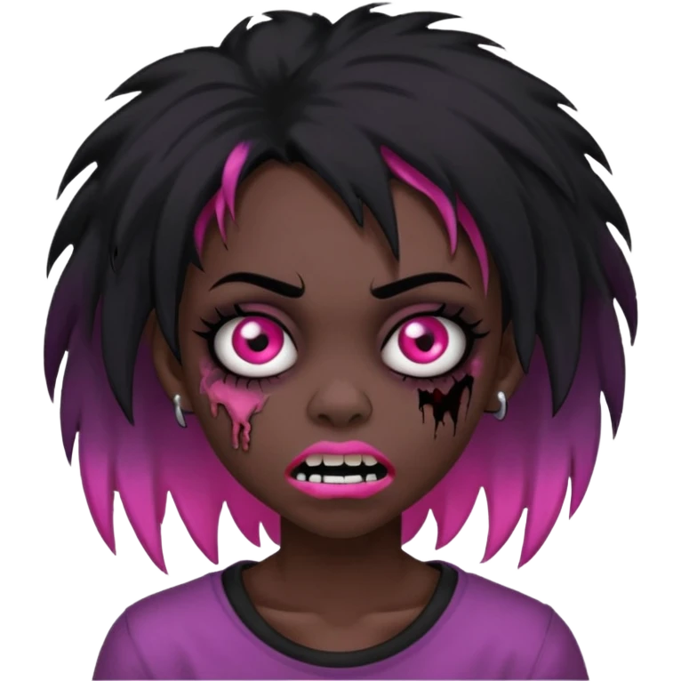girl, zombie, black coily hair, medium long, emo, shaggy, dark, spooky, piercing on eyebrow, pink teeth, creepy blank expression emoji