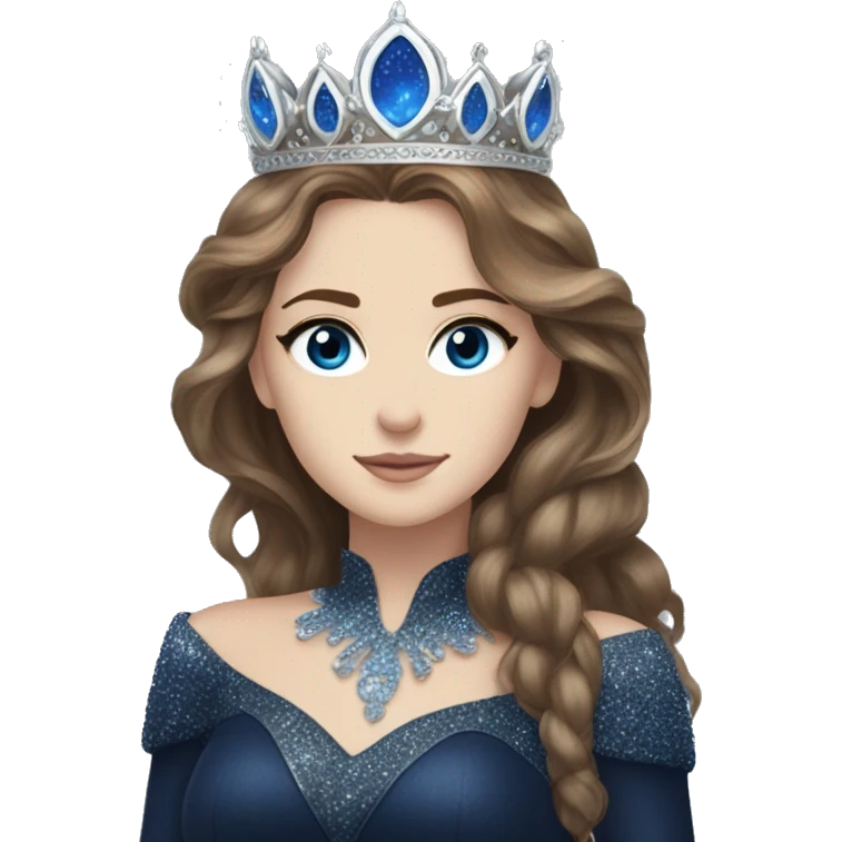 Feyre has brown hair with bright blue eyes and a silver crown on top of her head. She wears a dark blue glitter dress  emoji