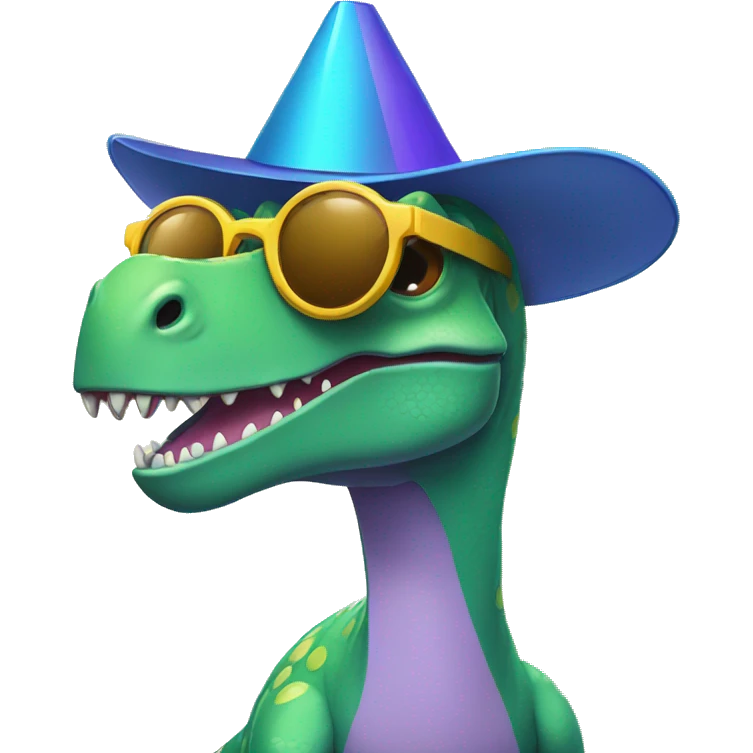 dinosaur partying with party hat and sunglasses emoji