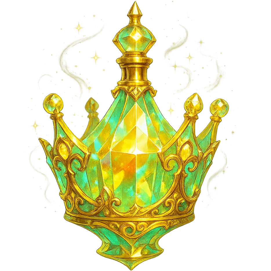 very luxurious crystal crown-shaped elixir bottle, pastel gradient of yellow, orange, and green colors, lots of glowing effects, facets, ornaments, golden details, magical effects, very small golden neck, transparent background, beautiful merging base, clearly floating in the air, no base or shadow, premium class impression, interesting design fitting a collection of crystal, luxurious, magical bottles emoji