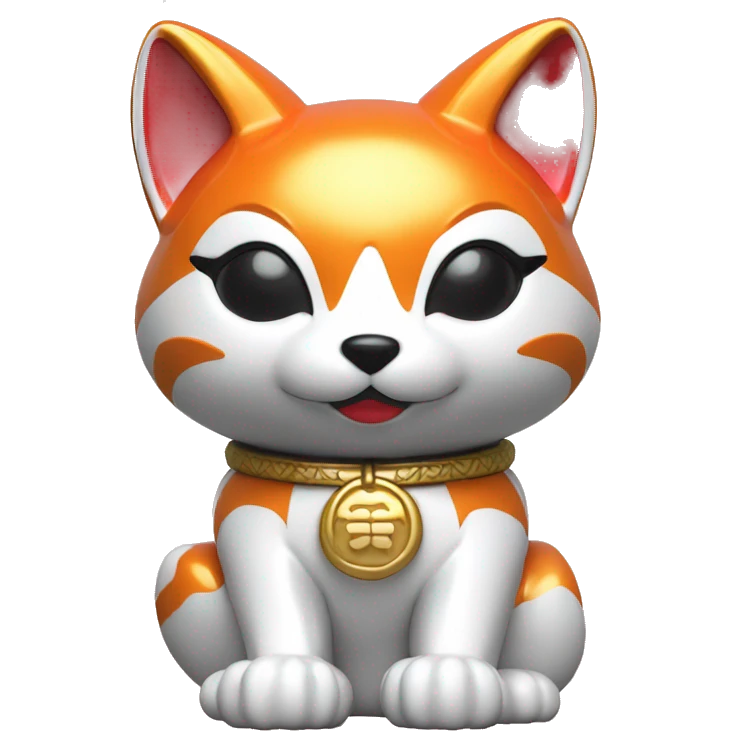 fully chrome fox statue in the form of maneki neko emoji