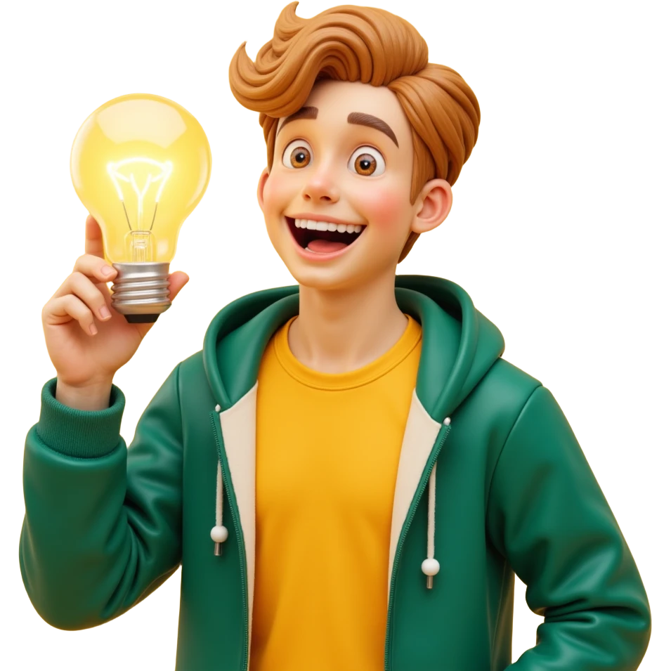 bright and expressive male visionary, fair skin, tousled golden hair, wide joyful eyes, wearing a green hoodie over a yellow tee, one hand raised with a glowing lightbulb, waist-up, front-facing emoji