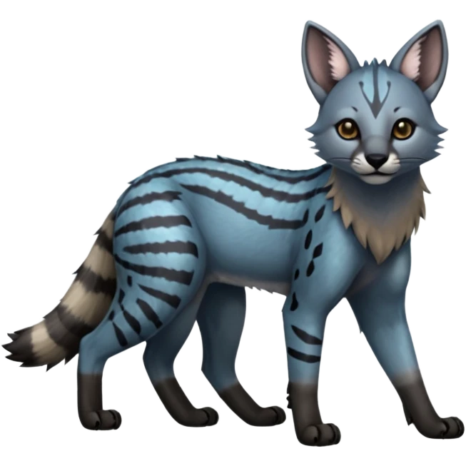 Realistic patterned marked edgy cute cool bluish greyish blackish whitish silvery coppery Shiny Colorful Dusky Dark Gloomy Glossy Aardwolf-Caracal-Cougar-Lion-Bobcat-fusion-animal-hybrid-creature, full body, tufted ears, long thin tufted tail emoji