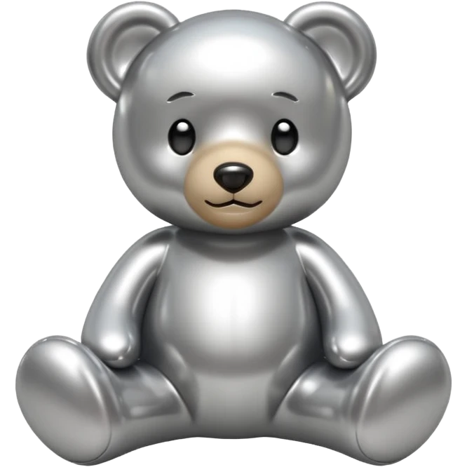 A cute teddy bear emoji made of liquid silver chrome, smooth rounded body, glossy metallic surface, soft reflections, friendly proportions, iOS emoji style, centered, clean white background emoji