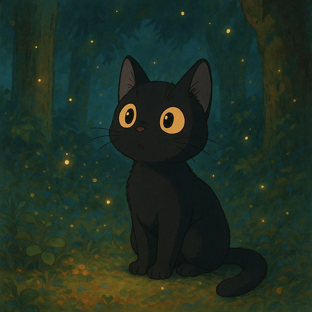 curious cat with big eyes and magical atmosphere in ghibli style emoji