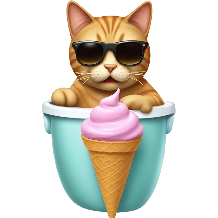 cat eatong ice cream pooping on a toilet with a cone on the head and sunglasses emoji