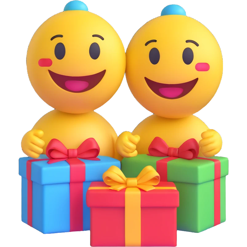 3D smiley emoji, round shape, in love: loving smiley couple exchanging gifts emoji