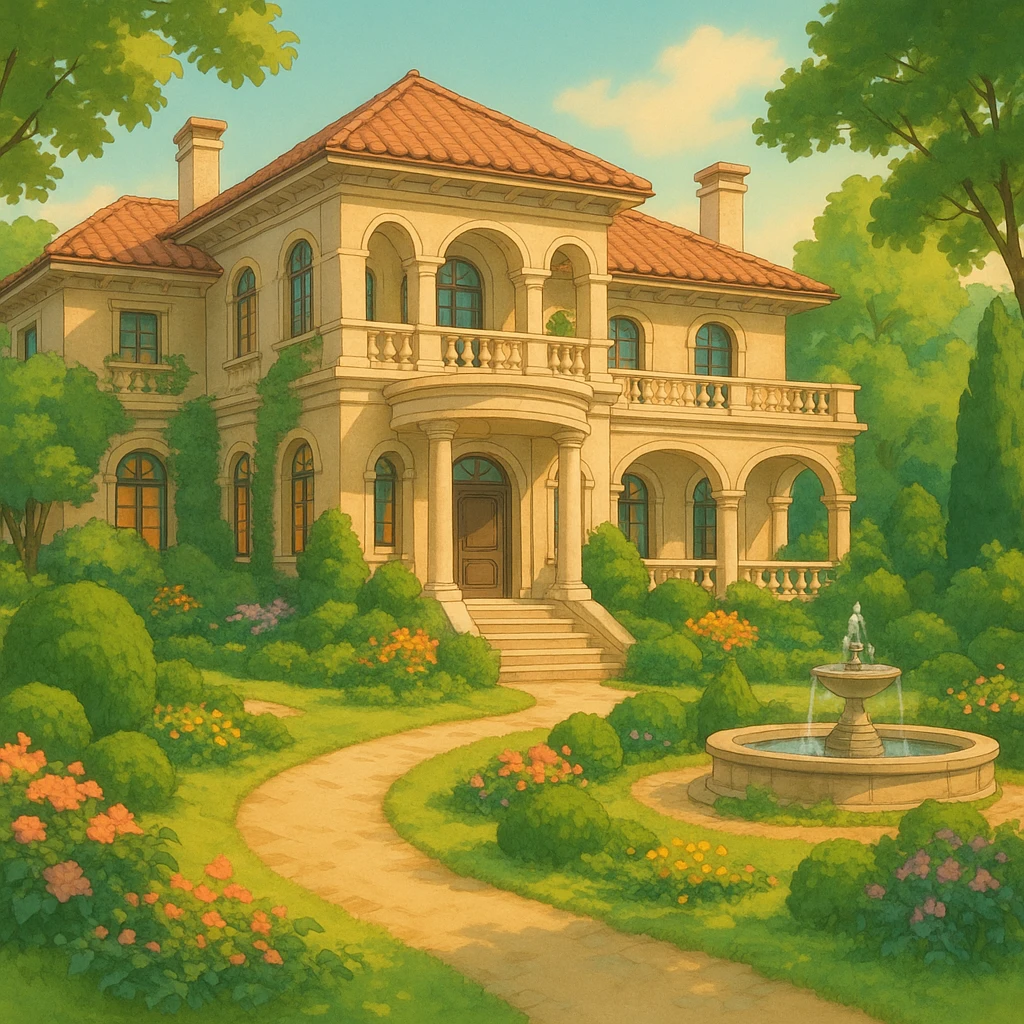 luxury dream house, elegant architecture, lush garden, soft lighting, ghibli style emoji